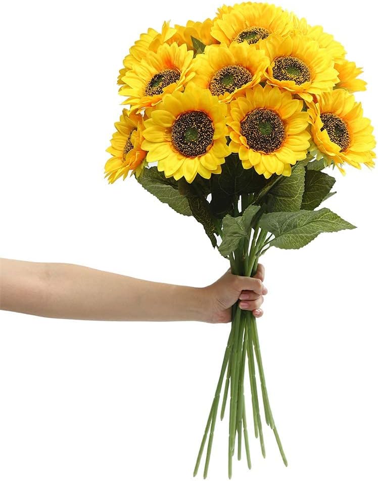 Artificial Sunflower Flowers Long Stem Silk Fake Large Sunflowers Decoration for Outdoor Home Wedding Baby Shower Birthday Party Single Bulk Yellow Fall Decor (Dark Center)