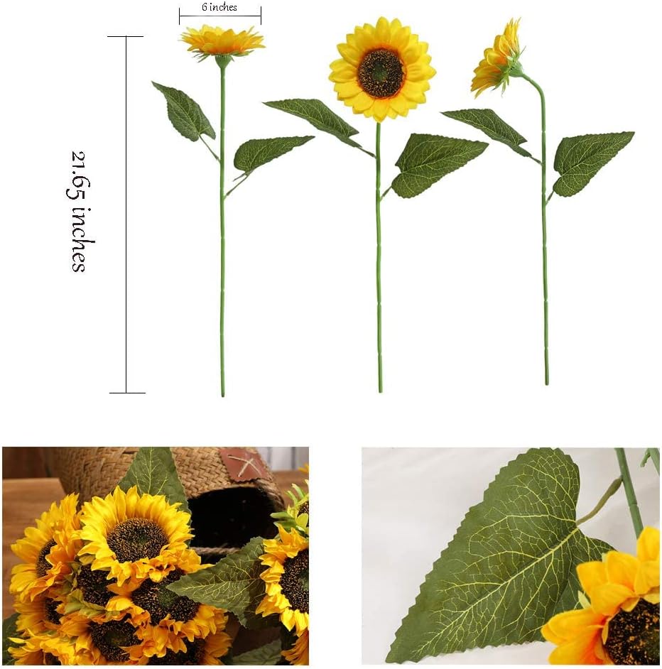 Artificial Sunflower Flowers Long Stem Silk Fake Large Sunflowers Decoration for Outdoor Home Wedding Baby Shower Birthday Party Single Bulk Yellow Fall Decor (Dark Center)