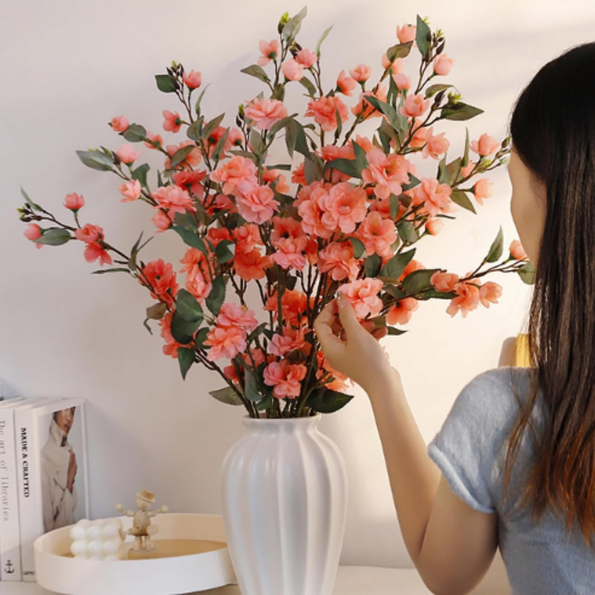34.6” /88cm Artificial Camellia Bouquet, 4Pcs Faux Flowers Silk Touch Realistic Camellia Flowers, for Table Decorations, Weddings, Home, Office Decor (Orange)