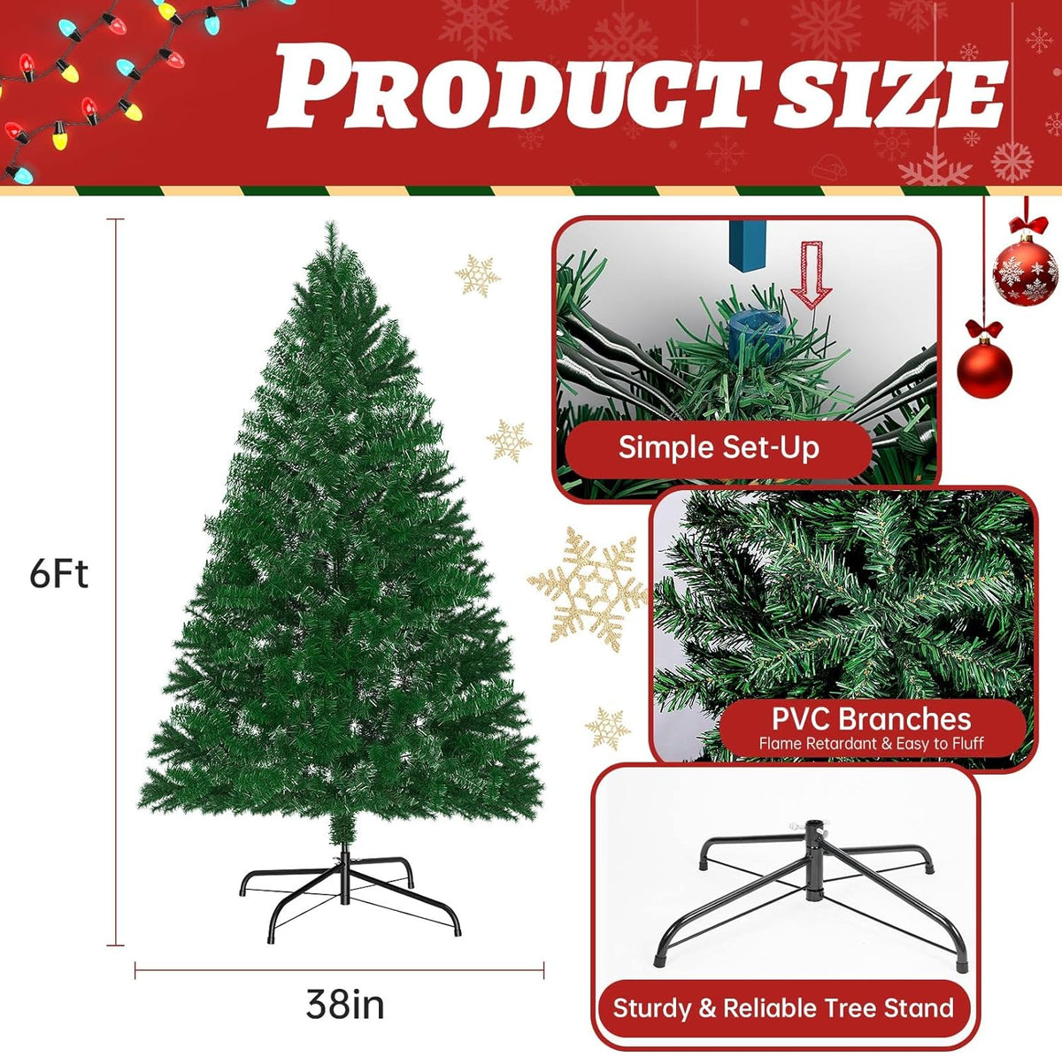 LEVELEVE Premium 6FT Pre-Lit Classic Artificial Holiday Christmas Tree w/1,000 Branch Tips,250 LED Lights for Home,Office,Party Decoration