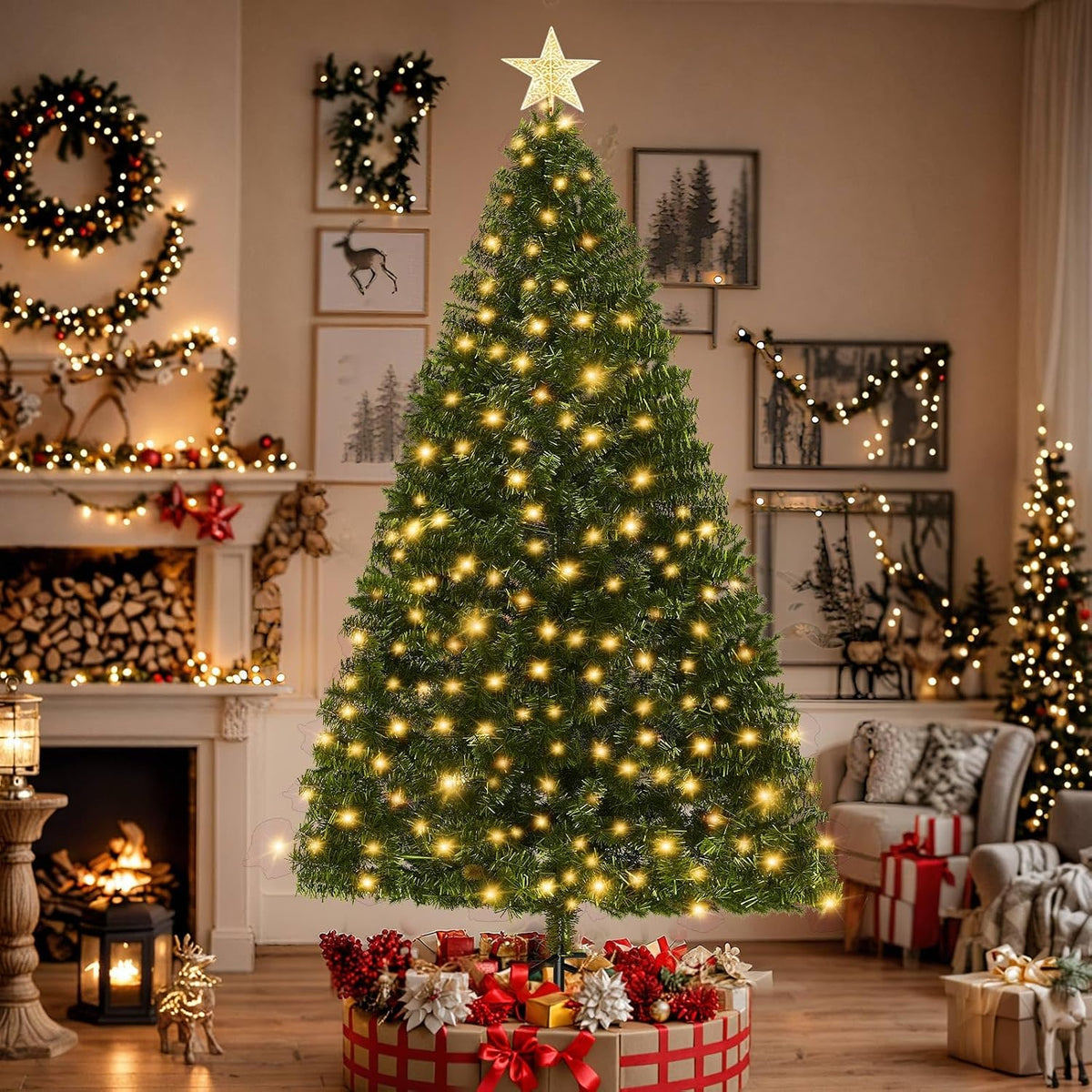 LEVELEVE Premium 6FT Pre-Lit Classic Artificial Holiday Christmas Tree w/1,000 Branch Tips,250 LED Lights for Home,Office,Party Decoration