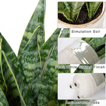 Artificial Snake Plant Potted Faux Sansevieria Trifasciata Plants, 16.5" Tropical Fake Snake Plants in White Pots for Home Office Room Indoor Decor Housewarming Gifts