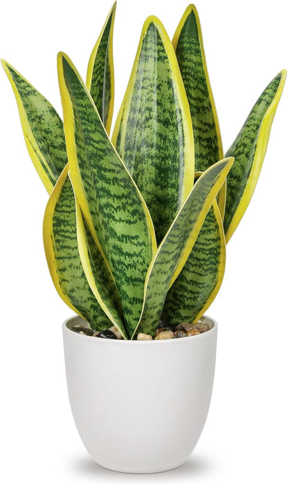 Artificial Snake Plant Potted Faux Sansevieria Trifasciata Plants, 16.5" Tropical Fake Snake Plants in White Pots for Home Office Room Indoor Decor Housewarming Gifts