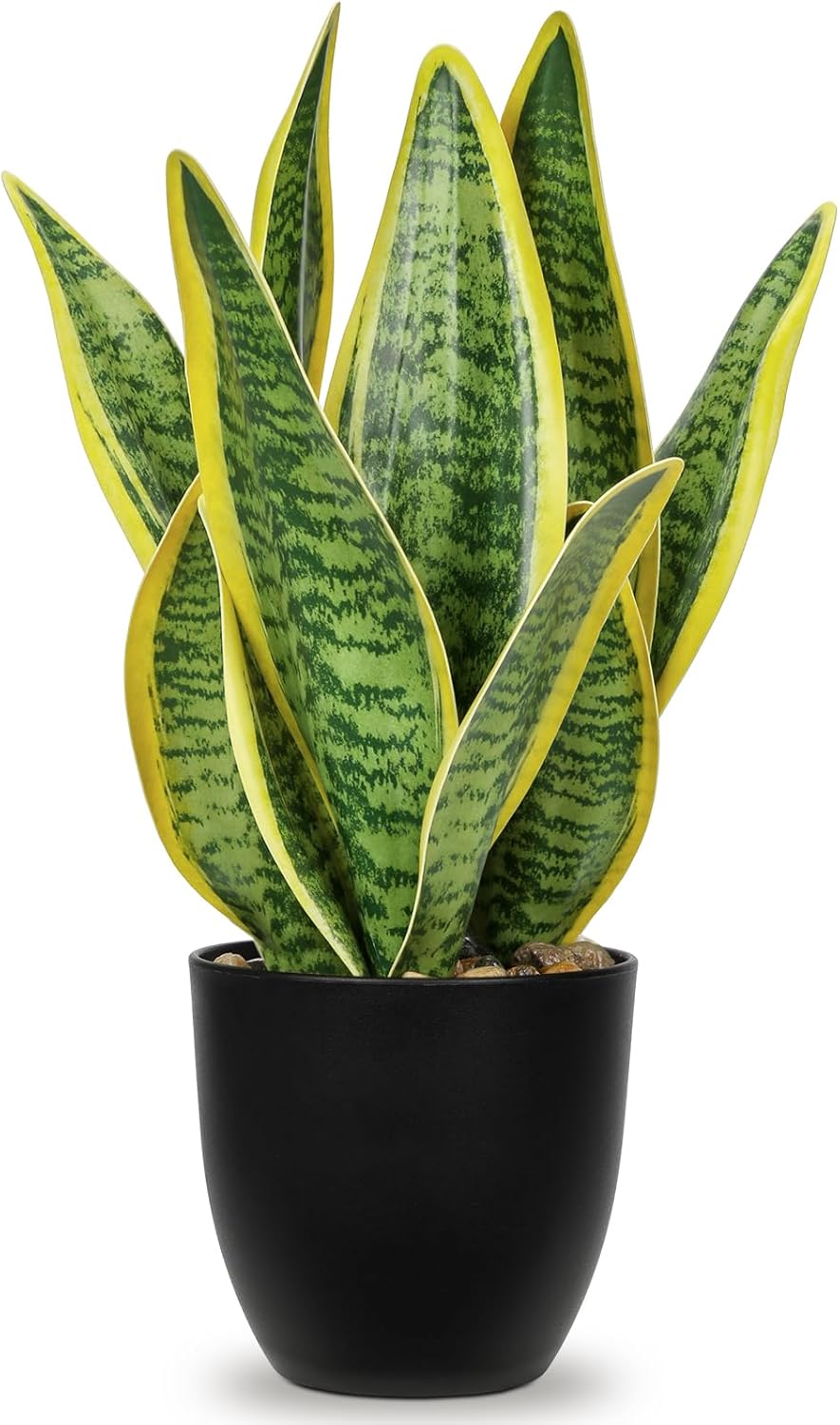 Artificial Snake Plant Potted Faux Sansevieria Trifasciata Plants, 16.5" Tropical Fake Snake Plants in White Pots for Home Office Room Indoor Decor Housewarming Gifts