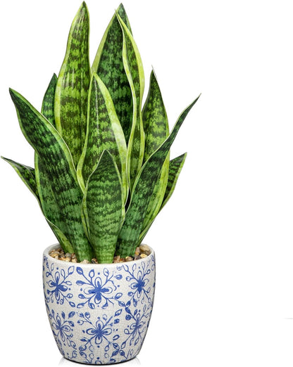 Artificial Snake Plant Potted Faux Sansevieria Trifasciata Plants, 16.5" Tropical Fake Snake Plants in White Pots for Home Office Room Indoor Decor Housewarming Gifts