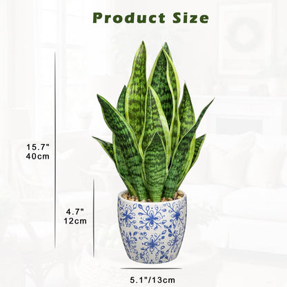 Artificial Snake Plant Potted Faux Sansevieria Trifasciata Plants, 16.5" Tropical Fake Snake Plants in White Pots for Home Office Room Indoor Decor Housewarming Gifts