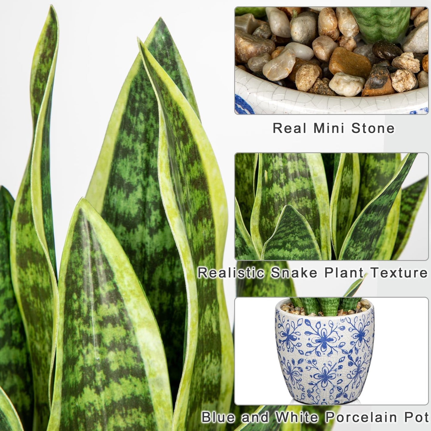 Artificial Snake Plant Potted Faux Sansevieria Trifasciata Plants, 16.5" Tropical Fake Snake Plants in White Pots for Home Office Room Indoor Decor Housewarming Gifts