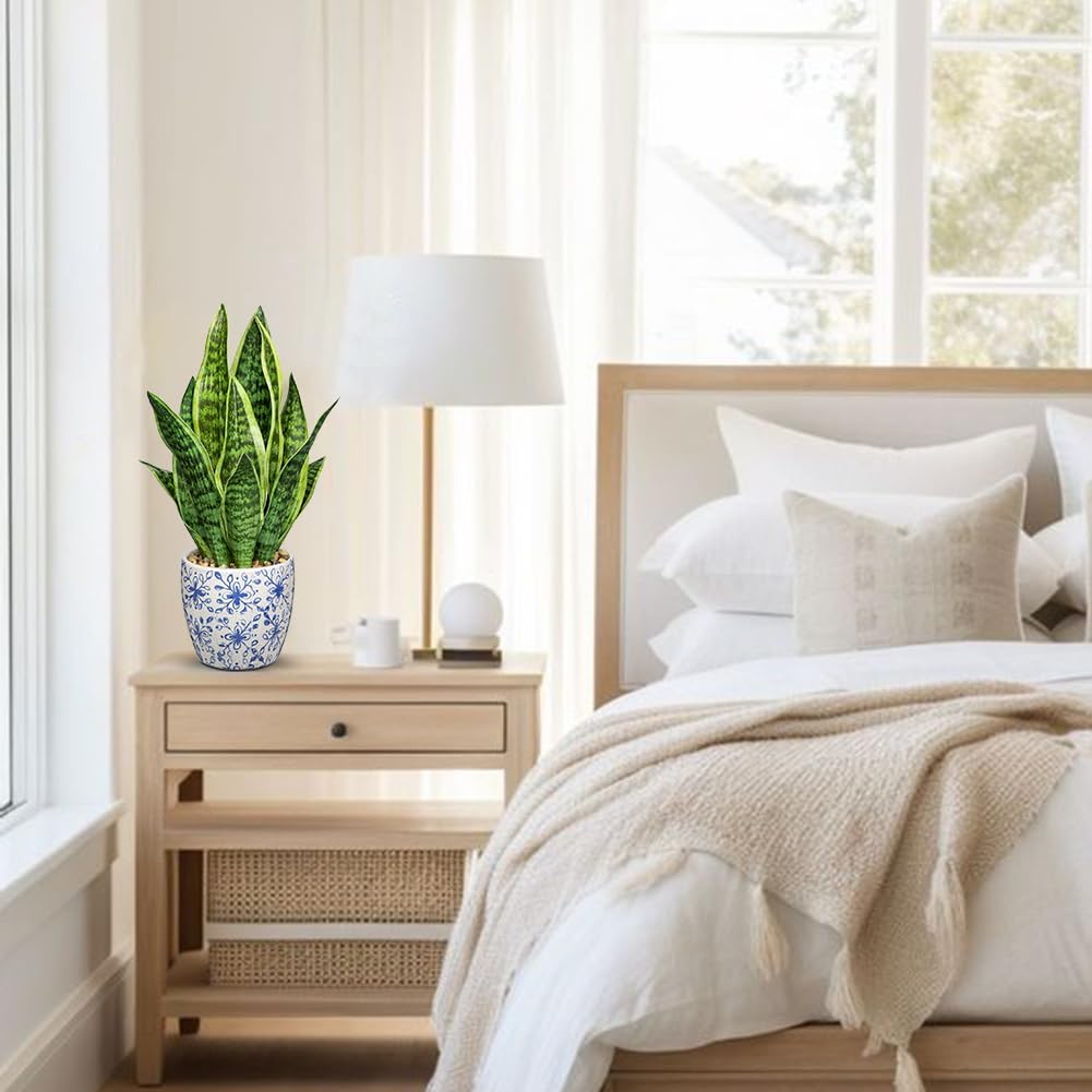 Artificial Snake Plant Potted Faux Sansevieria Trifasciata Plants, 16.5" Tropical Fake Snake Plants in White Pots for Home Office Room Indoor Decor Housewarming Gifts