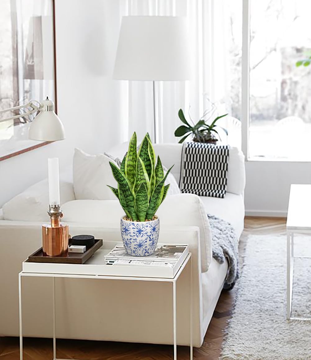 Artificial Snake Plant Potted Faux Sansevieria Trifasciata Plants, 16.5" Tropical Fake Snake Plants in White Pots for Home Office Room Indoor Decor Housewarming Gifts