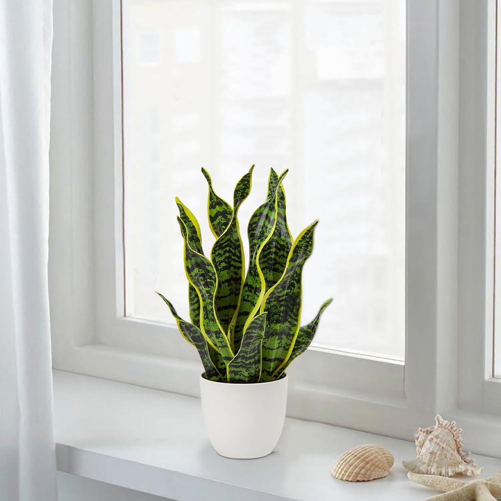 Artificial Snake Plant Potted Faux Sansevieria Trifasciata Plants, 16.5" Tropical Fake Snake Plants in White Pots for Home Office Room Indoor Decor Housewarming Gifts