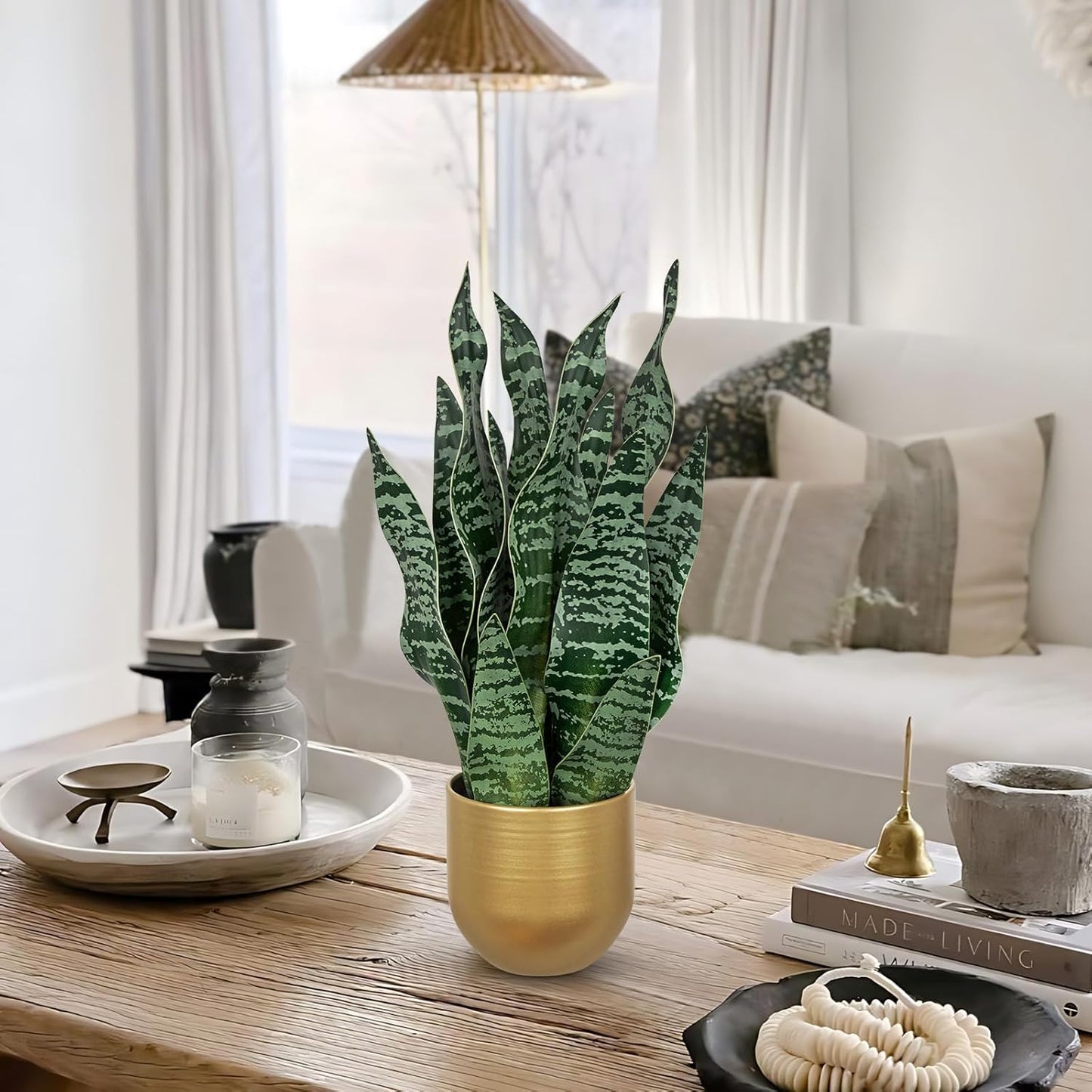 Artificial Snake Plant Potted Faux Sansevieria Trifasciata Plants, 16.5" Tropical Fake Snake Plants in White Pots for Home Office Room Indoor Decor Housewarming Gifts