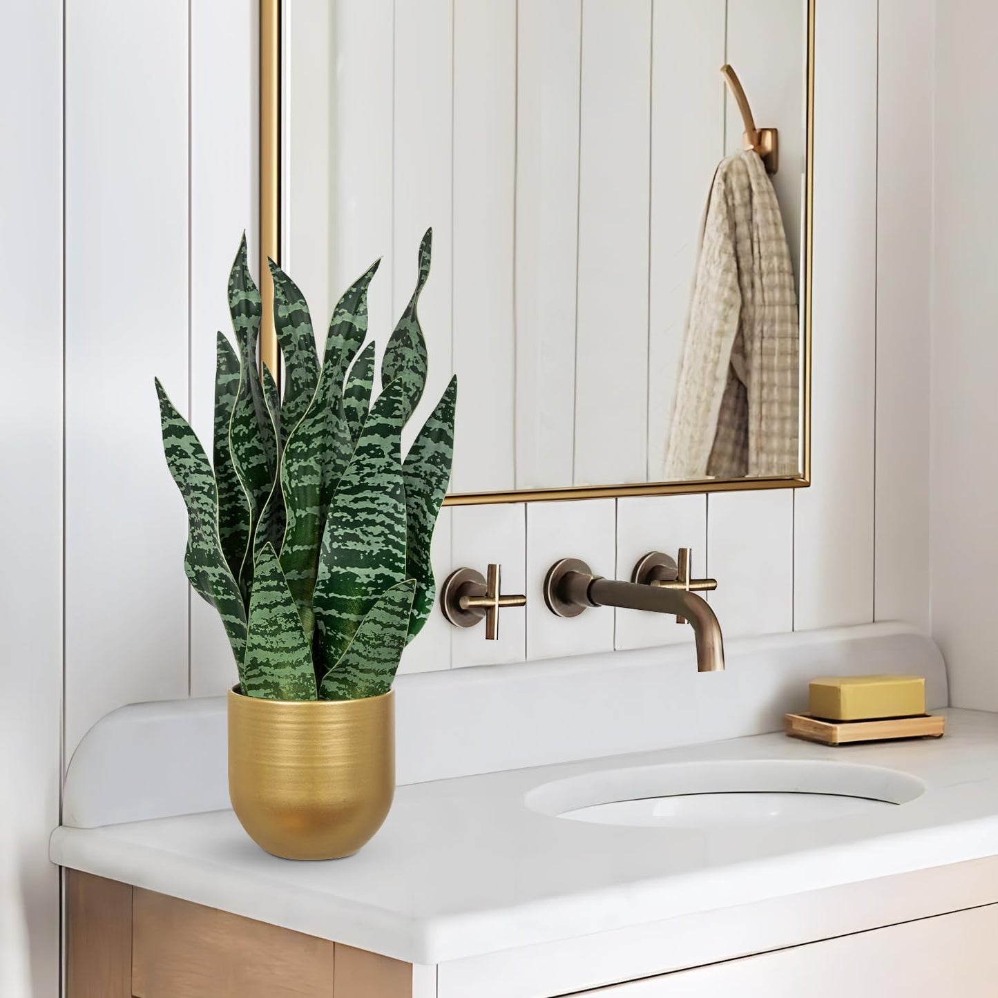 Artificial Snake Plant Potted Faux Sansevieria Trifasciata Plants, 16.5" Tropical Fake Snake Plants in White Pots for Home Office Room Indoor Decor Housewarming Gifts