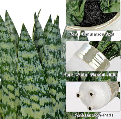Artificial Snake Plant Potted Faux Sansevieria Trifasciata Plants, 16.5" Tropical Fake Snake Plants in White Pots for Home Office Room Indoor Decor Housewarming Gifts