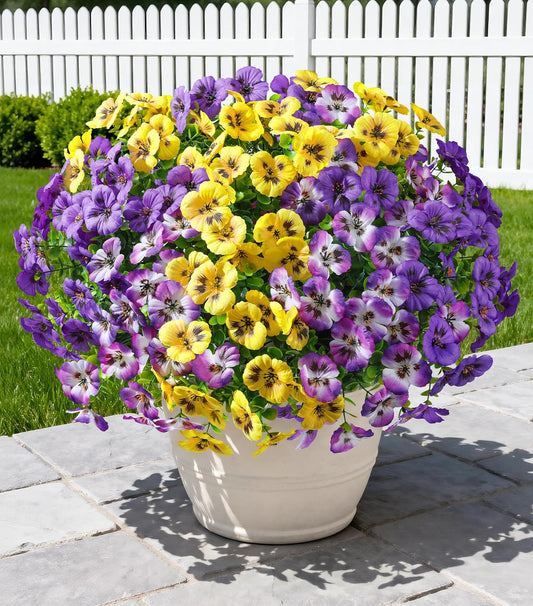 20PCS Artificial Fake Pansy Flowers for Outdoors Spring Summer Decor,Faux Silk Pansies UV Resistant Plants for Front Door Porch Yard Patio Window Box Home Decor(Purple Yellow Gradient Purple)