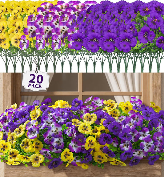 20PCS Artificial Fake Pansy Flowers for Outdoors Spring Summer Decor,Faux Silk Pansies UV Resistant Plants for Front Door Porch Yard Patio Window Box Home Decor(Purple Yellow Gradient Purple)
