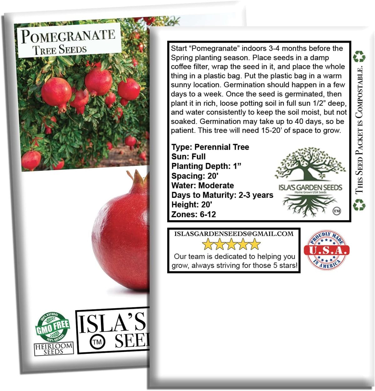 Pomegranate Tree Seeds (Punica granatum) – 30+ Non-GMO Fruit Tree Seeds for Planting, Beautiful Ornamental Tree with Sweet Edible Fruit, by Isla’s Garden Seeds, Gift Idea