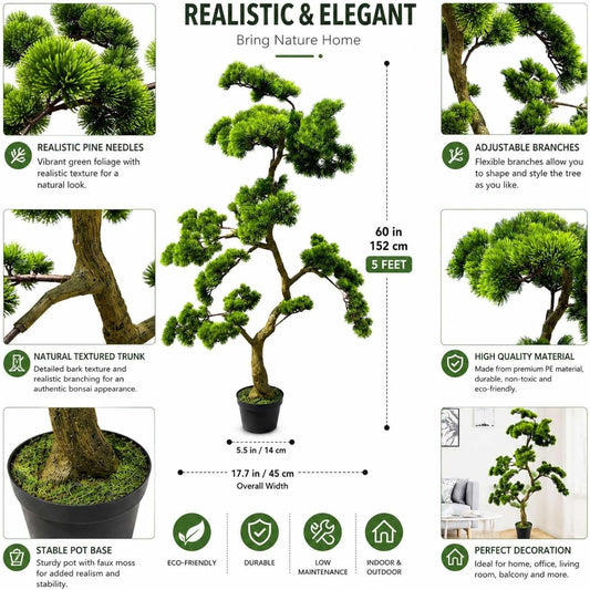 5ft Artificial Bonsai Tree – Large Faux Indoor Plant with Ceramic Pot, Realistic Fake Tree for Home Decor, Office, Living Room