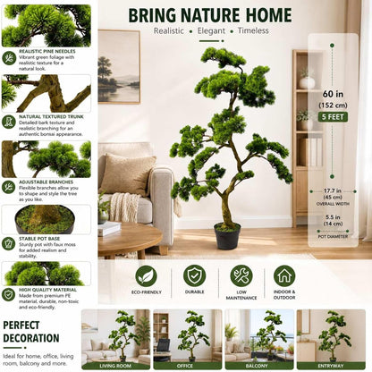 5ft Artificial Bonsai Tree – Large Faux Indoor Plant with Ceramic Pot, Realistic Fake Tree for Home Decor, Office, Living Room