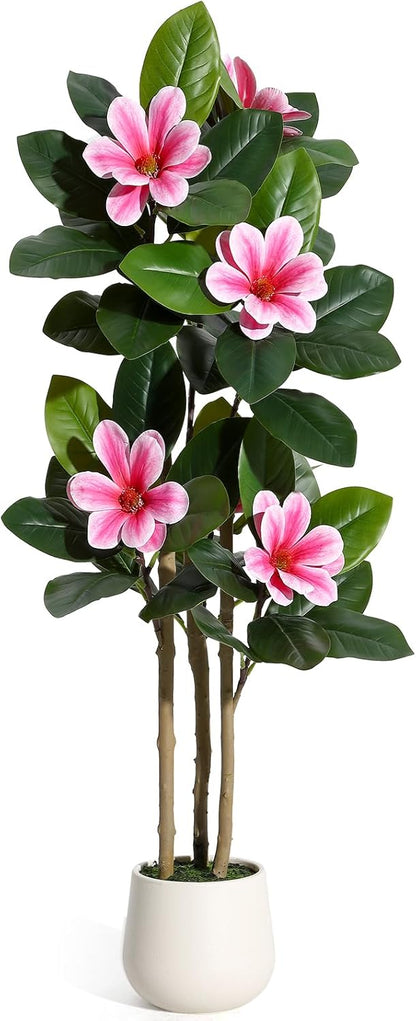 Faux Rubber Tree, 72 Inch Artificial Plants Indoor with Pot | Real Touch Leaves and Multi Trunks , Artificial Tree Fake Potted Plants with White Flowers for Home Decor Office Living Room
