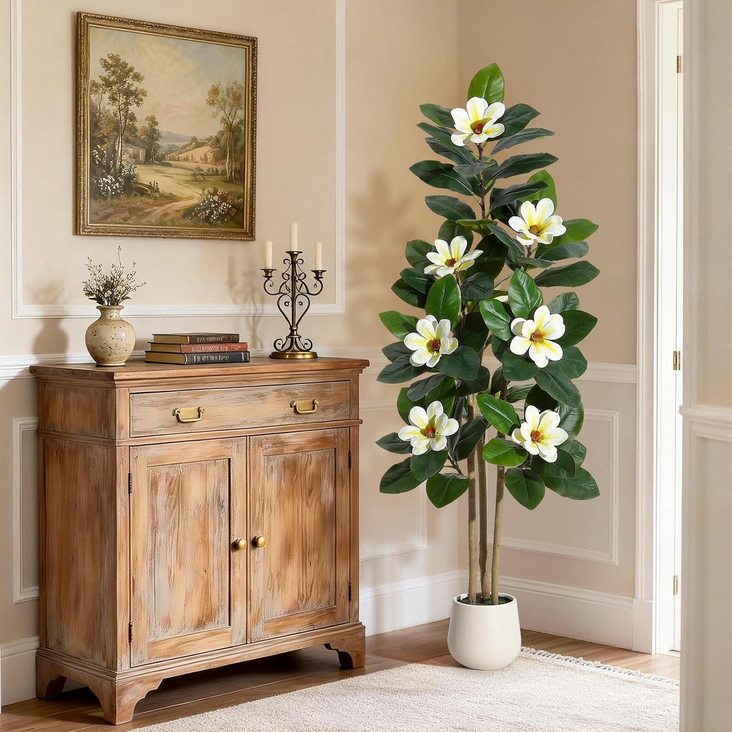 Faux Rubber Tree, 72 Inch Artificial Plants Indoor with Pot | Real Touch Leaves and Multi Trunks , Artificial Tree Fake Potted Plants with White Flowers for Home Decor Office Living Room