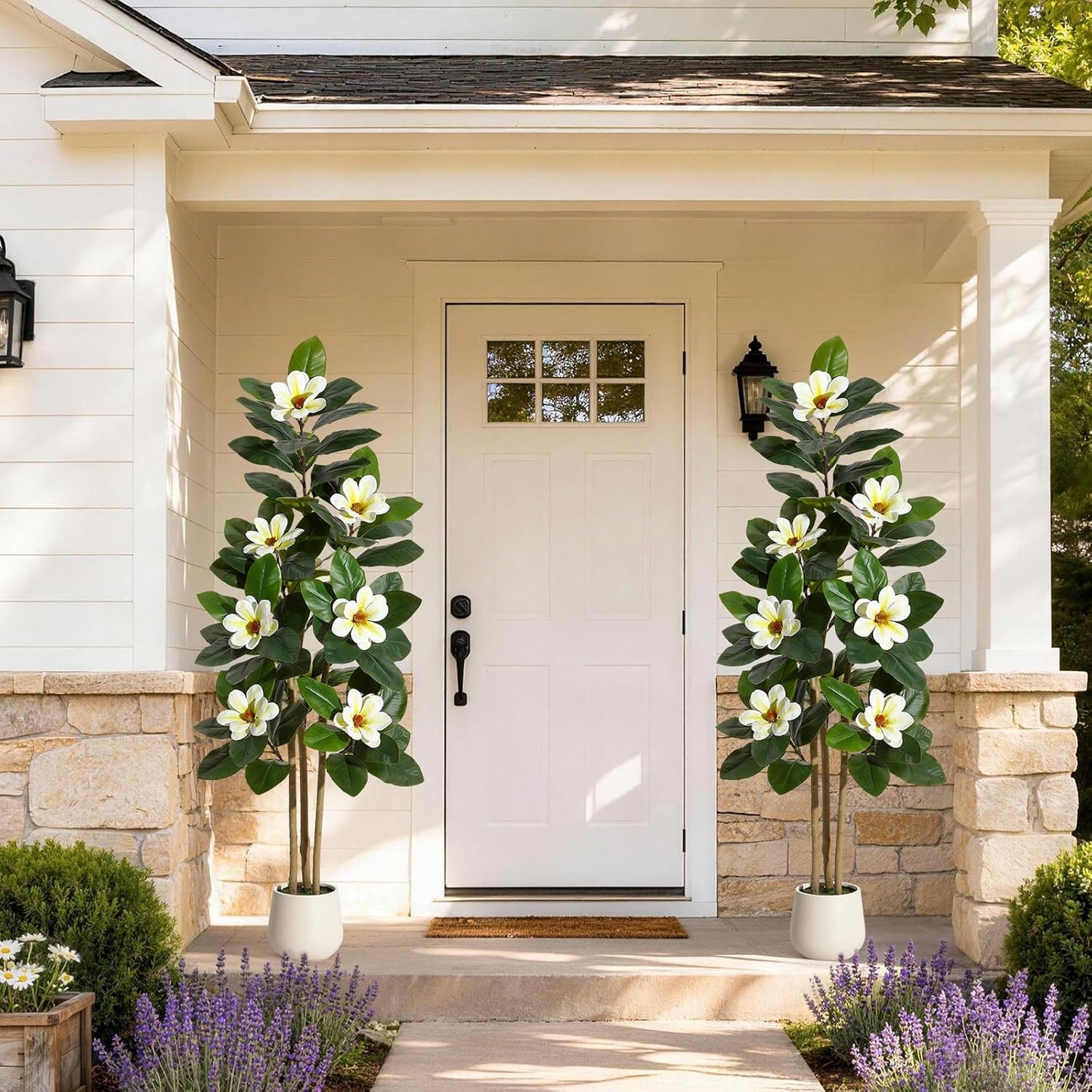 Faux Rubber Tree, 72 Inch Artificial Plants Indoor with Pot | Real Touch Leaves and Multi Trunks , Artificial Tree Fake Potted Plants with White Flowers for Home Decor Office Living Room