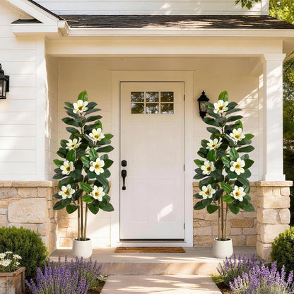 Faux Rubber Tree, 72 Inch Artificial Plants Indoor with Pot | Real Touch Leaves and Multi Trunks , Artificial Tree Fake Potted Plants with White Flowers for Home Decor Office Living Room
