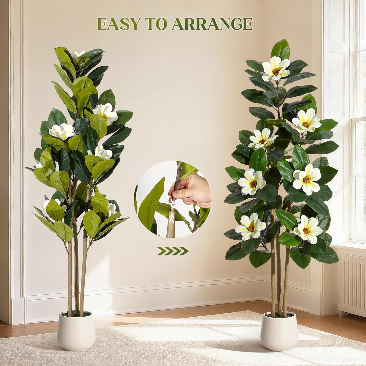Faux Rubber Tree, 72 Inch Artificial Plants Indoor with Pot | Real Touch Leaves and Multi Trunks , Artificial Tree Fake Potted Plants with White Flowers for Home Decor Office Living Room