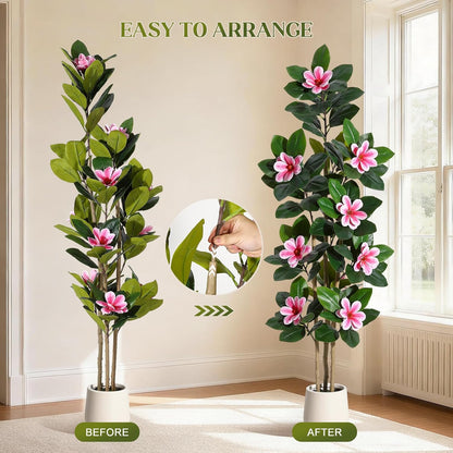 Faux Rubber Tree, 72 Inch Artificial Plants Indoor with Pot | Real Touch Leaves and Multi Trunks , Artificial Tree Fake Potted Plants with White Flowers for Home Decor Office Living Room