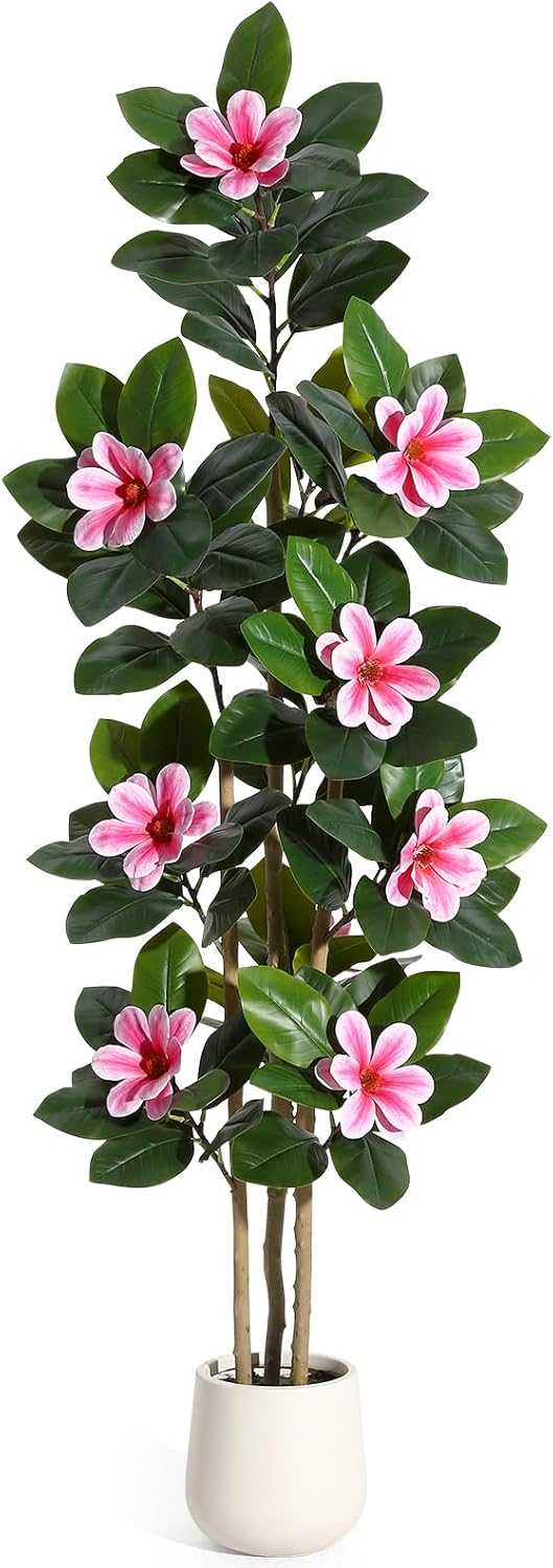 Faux Rubber Tree, 72 Inch Artificial Plants Indoor with Pot | Real Touch Leaves and Multi Trunks , Artificial Tree Fake Potted Plants with White Flowers for Home Decor Office Living Room