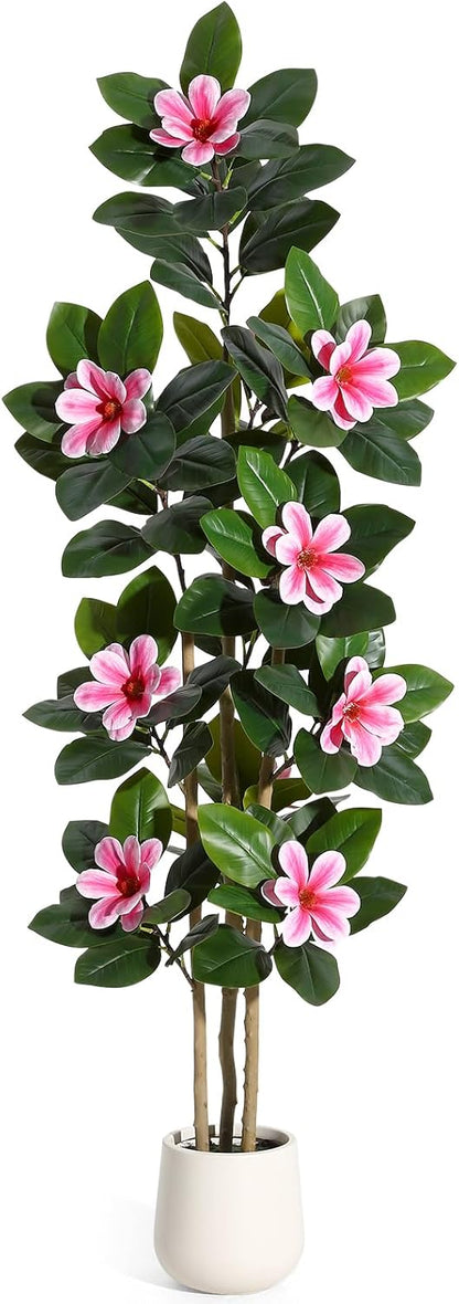 Faux Rubber Tree, 72 Inch Artificial Plants Indoor with Pot | Real Touch Leaves and Multi Trunks , Artificial Tree Fake Potted Plants with White Flowers for Home Decor Office Living Room