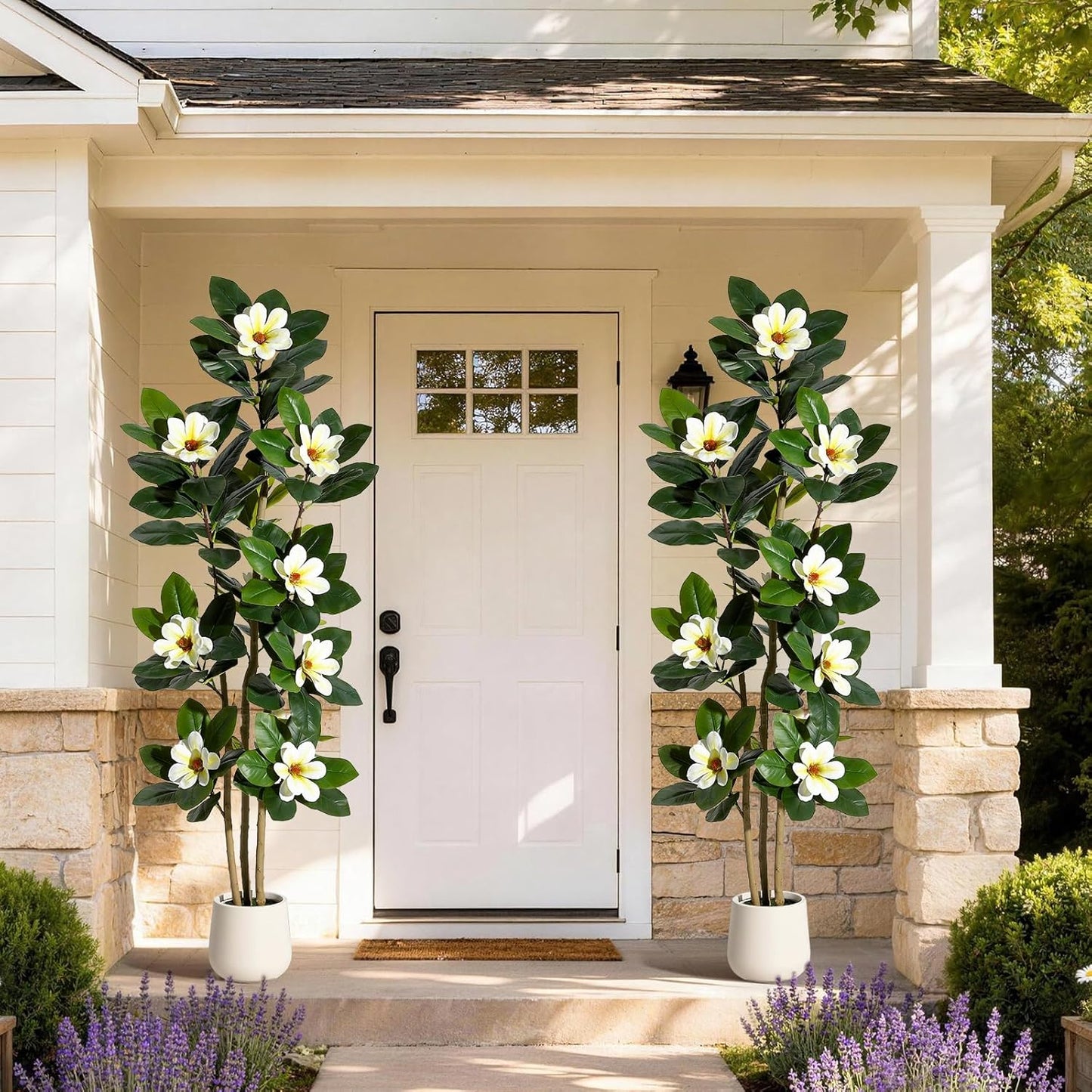 Faux Rubber Tree, 72 Inch Artificial Plants Indoor with Pot | Real Touch Leaves and Multi Trunks , Artificial Tree Fake Potted Plants with White Flowers for Home Decor Office Living Room