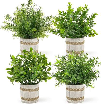 4 Pack Sage Green Artificial Plants Indoor for Farmhouse Decor | Rustic woven-trim paper pulp pots, frosted foliage, no maintenance, compact accents for bathroom kitchen bedroom shelf decor