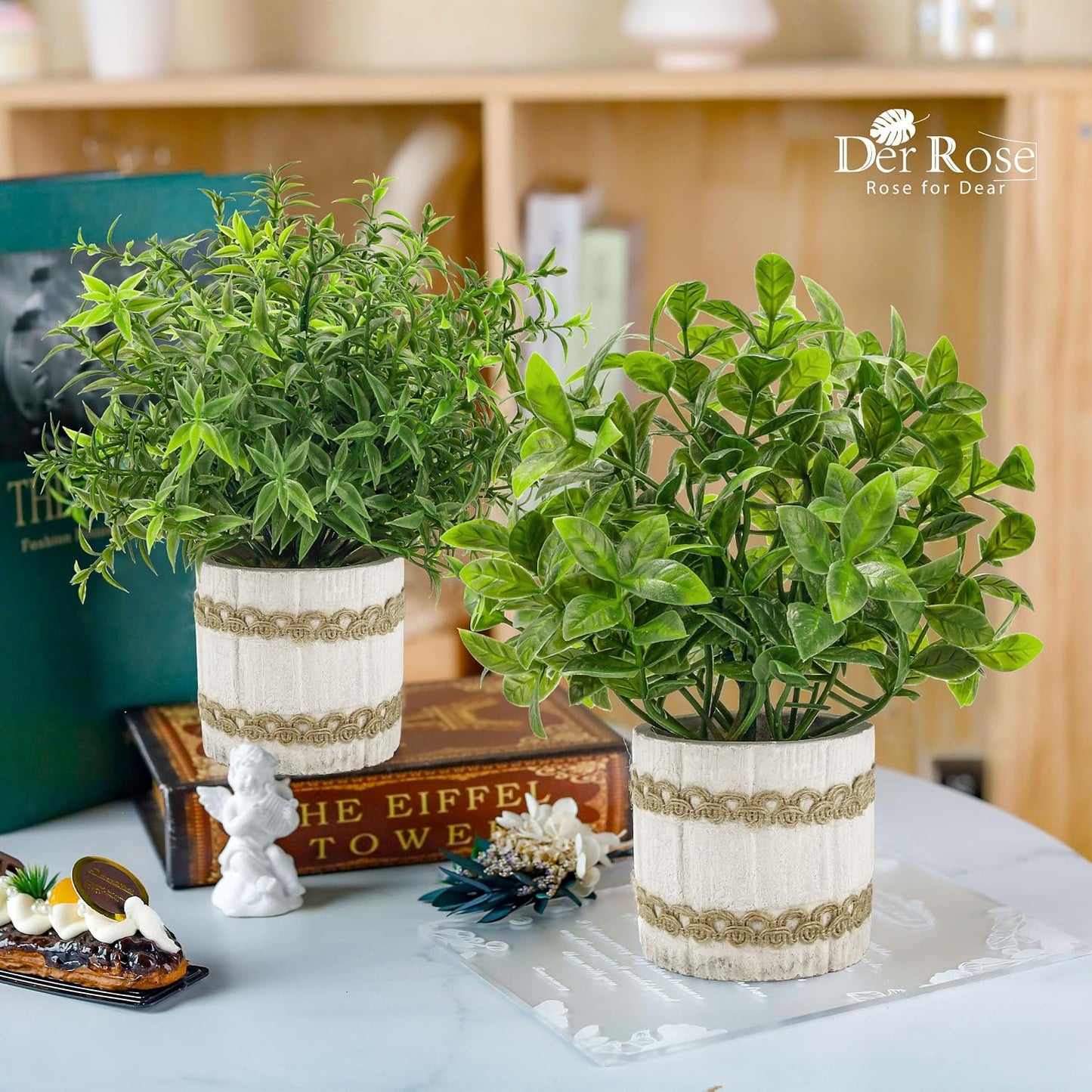 4 Pack Sage Green Artificial Plants Indoor for Farmhouse Decor | Rustic woven-trim paper pulp pots, frosted foliage, no maintenance, compact accents for bathroom kitchen bedroom shelf decor