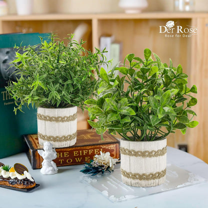 4 Pack Sage Green Artificial Plants Indoor for Farmhouse Decor | Rustic woven-trim paper pulp pots, frosted foliage, no maintenance, compact accents for bathroom kitchen bedroom shelf decor