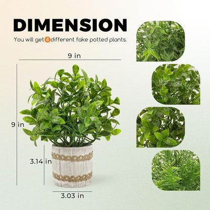 4 Pack Sage Green Artificial Plants Indoor for Farmhouse Decor | Rustic woven-trim paper pulp pots, frosted foliage, no maintenance, compact accents for bathroom kitchen bedroom shelf decor