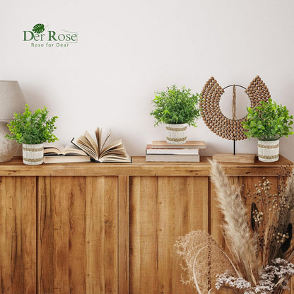 4 Pack Sage Green Artificial Plants Indoor for Farmhouse Decor | Rustic woven-trim paper pulp pots, frosted foliage, no maintenance, compact accents for bathroom kitchen bedroom shelf decor