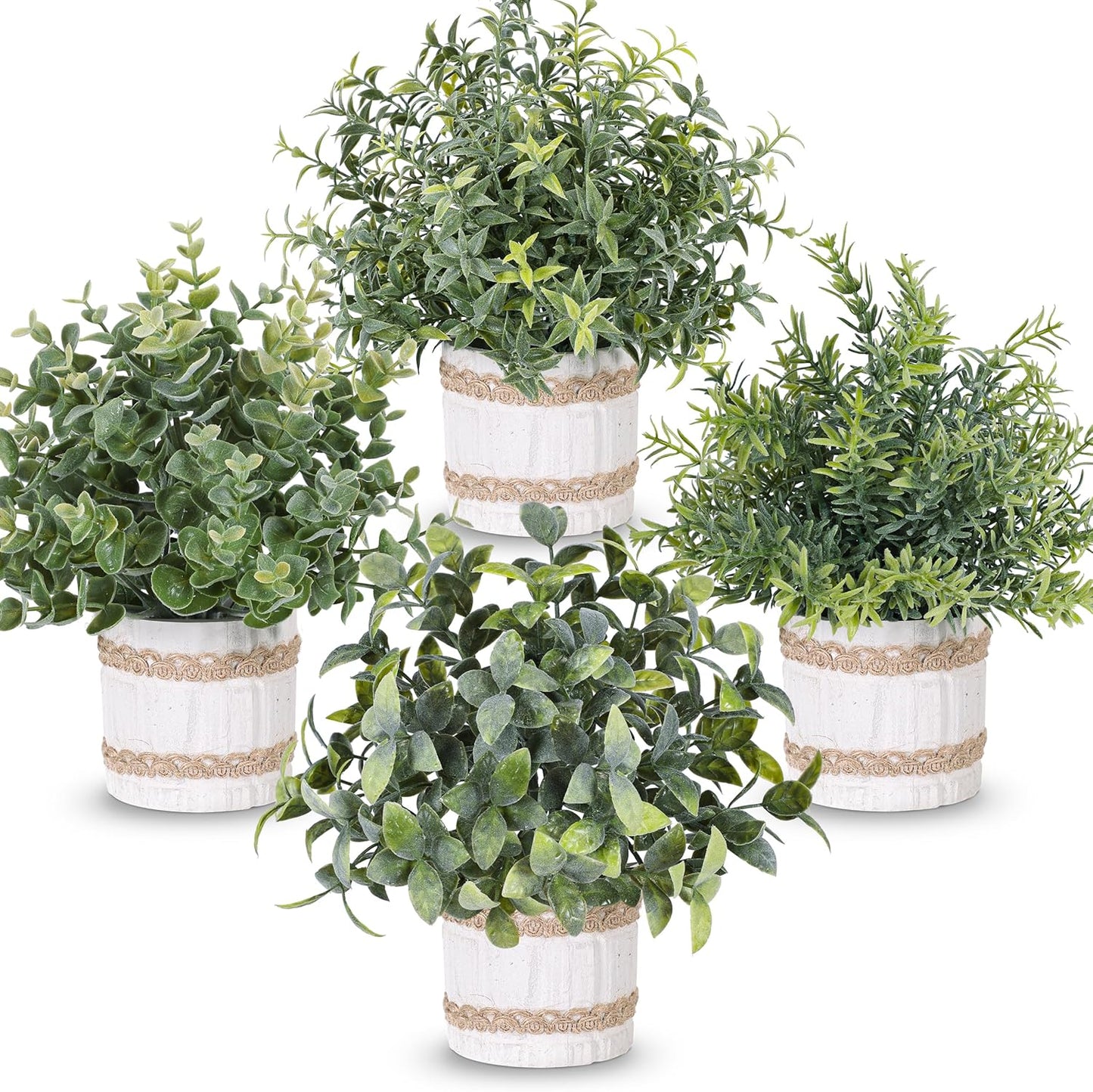 4 Pack Sage Green Artificial Plants Indoor for Farmhouse Decor | Rustic woven-trim paper pulp pots, frosted foliage, no maintenance, compact accents for bathroom kitchen bedroom shelf decor
