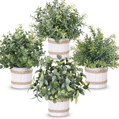 4 Pack Sage Green Artificial Plants Indoor for Farmhouse Decor | Rustic woven-trim paper pulp pots, frosted foliage, no maintenance, compact accents for bathroom kitchen bedroom shelf decor