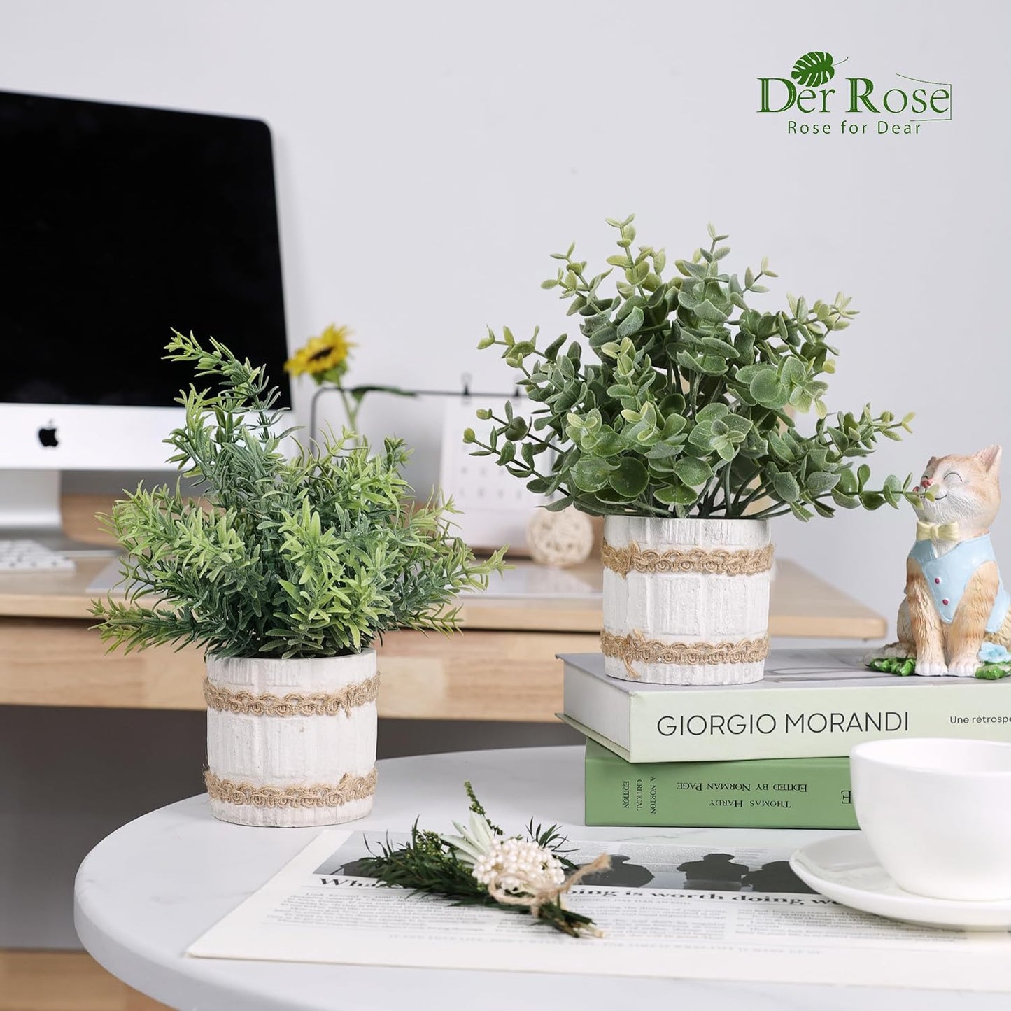 4 Pack Sage Green Artificial Plants Indoor for Farmhouse Decor | Rustic woven-trim paper pulp pots, frosted foliage, no maintenance, compact accents for bathroom kitchen bedroom shelf decor
