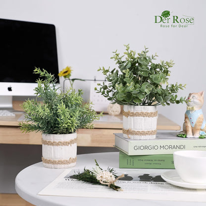 4 Pack Sage Green Artificial Plants Indoor for Farmhouse Decor | Rustic woven-trim paper pulp pots, frosted foliage, no maintenance, compact accents for bathroom kitchen bedroom shelf decor