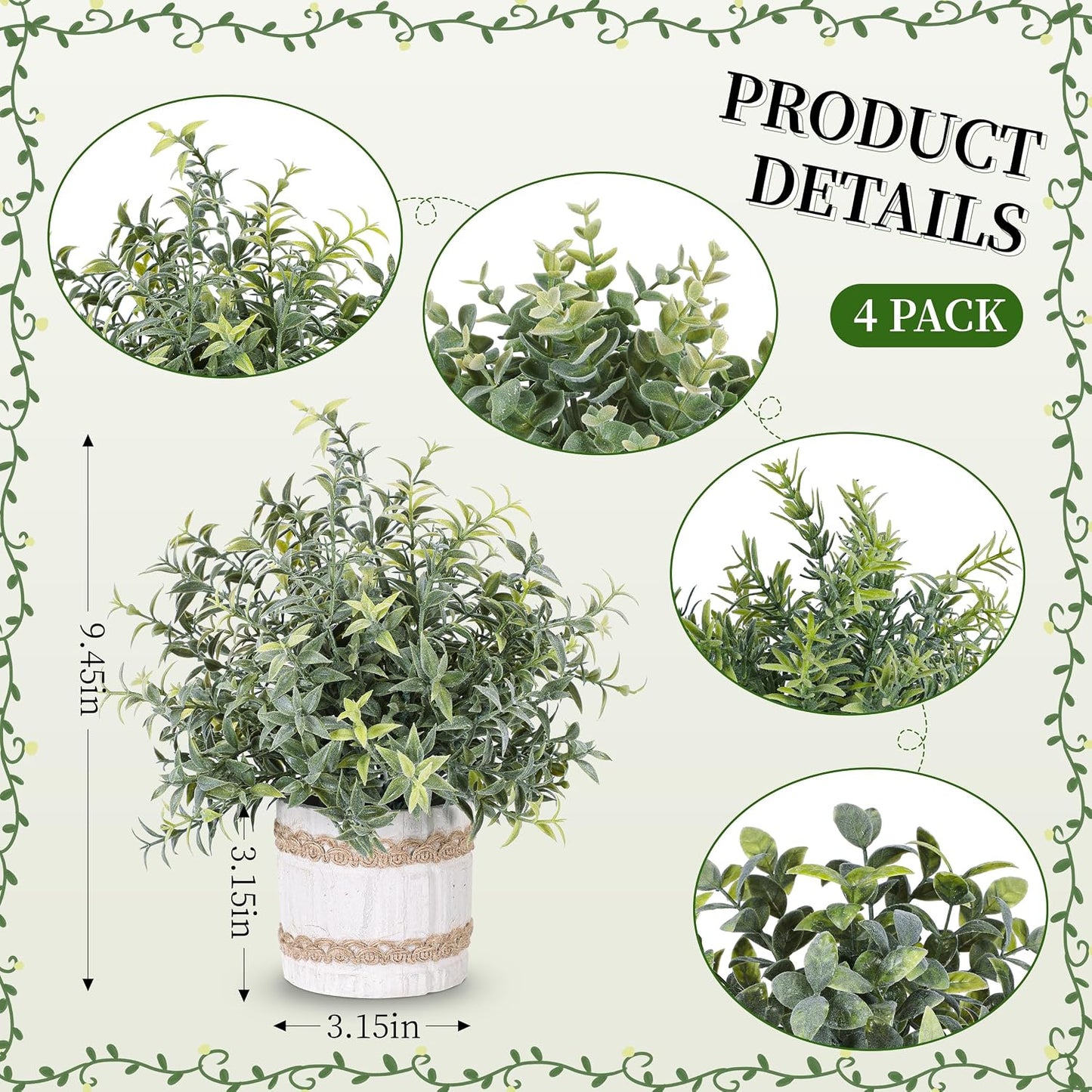 4 Pack Sage Green Artificial Plants Indoor for Farmhouse Decor | Rustic woven-trim paper pulp pots, frosted foliage, no maintenance, compact accents for bathroom kitchen bedroom shelf decor