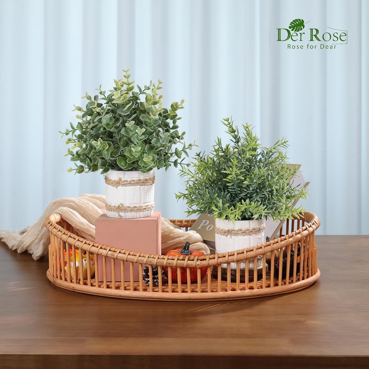 4 Pack Sage Green Artificial Plants Indoor for Farmhouse Decor | Rustic woven-trim paper pulp pots, frosted foliage, no maintenance, compact accents for bathroom kitchen bedroom shelf decor