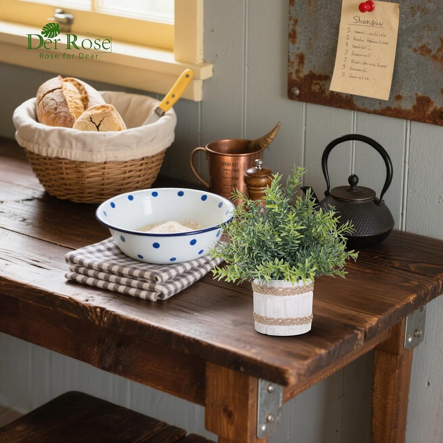 4 Pack Sage Green Artificial Plants Indoor for Farmhouse Decor | Rustic woven-trim paper pulp pots, frosted foliage, no maintenance, compact accents for bathroom kitchen bedroom shelf decor