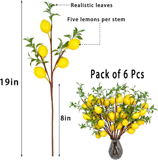 6PCS 19"Artificial Lemon Branches Fake Plant Picks for Indoor Decor(Yellow) | Realistic Fake Lemons Faux Greenery Stems,Ideal for Vase Kitchen Party Farmhouse Table Centerpiece Home Decoration