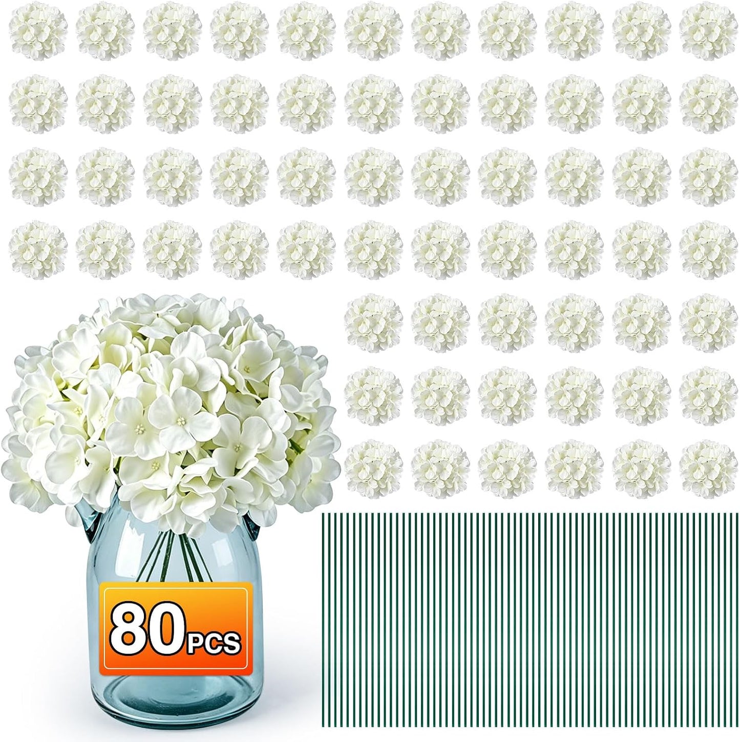 80PCS White Hydrangea Artificial Flowers,Silk Faux Hydrangeas for Wedding,Bulk Fake Flowers Heads with Stems,Easy to assemble,Artificial Flowers for Centerpieces,Home,Party,Baby Shower(No Vase)