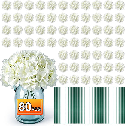80PCS White Hydrangea Artificial Flowers,Silk Faux Hydrangeas for Wedding,Bulk Fake Flowers Heads with Stems,Easy to assemble,Artificial Flowers for Centerpieces,Home,Party,Baby Shower(No Vase)
