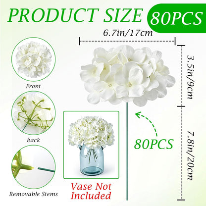 80PCS White Hydrangea Artificial Flowers,Silk Faux Hydrangeas for Wedding,Bulk Fake Flowers Heads with Stems,Easy to assemble,Artificial Flowers for Centerpieces,Home,Party,Baby Shower(No Vase)