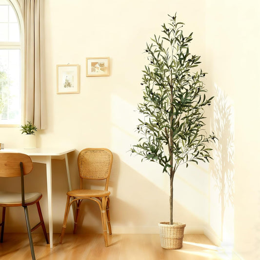 6ft Faux Olive Tree, Artificial Olive Tree Indoor, High Imitation Silk Plant Artificial Plants with Natural Wood Trunk and Lifelike Fruits for Home Office Decor