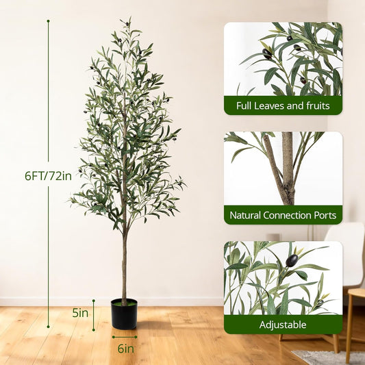 6ft Faux Olive Tree, Artificial Olive Tree Indoor, High Imitation Silk Plant Artificial Plants with Natural Wood Trunk and Lifelike Fruits for Home Office Decor