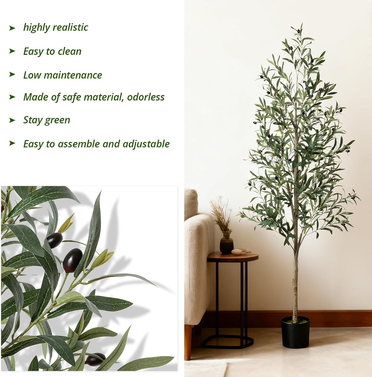 6ft Faux Olive Tree, Artificial Olive Tree Indoor, High Imitation Silk Plant Artificial Plants with Natural Wood Trunk and Lifelike Fruits for Home Office Decor